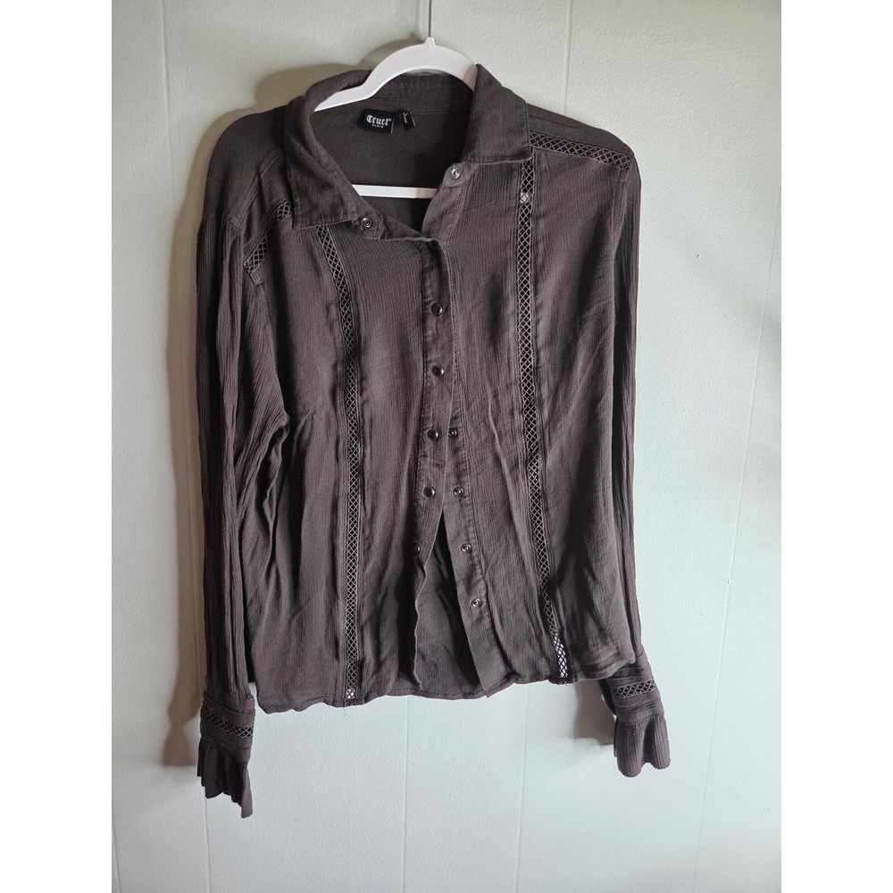Cruel Denim Womens Brown Gauze Crochet Lace Trim Button Down Shirt Large 2157